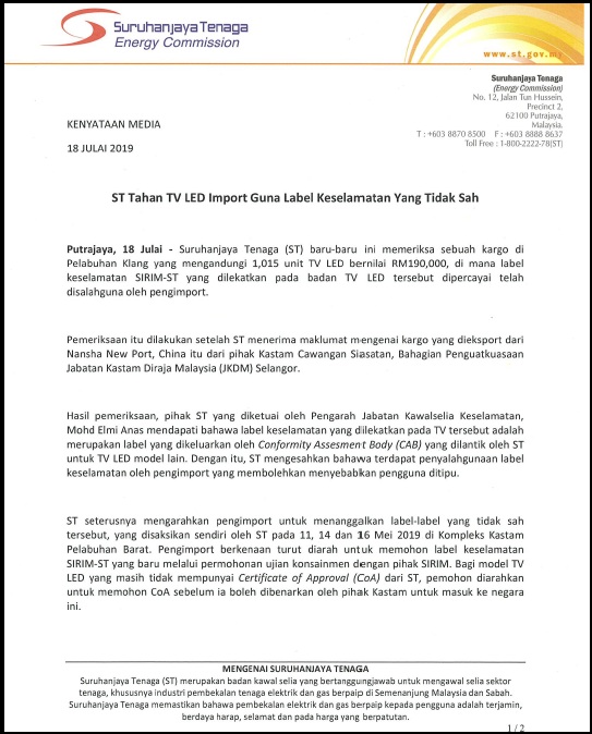18072019 ST Tahan TV LED Import Guna Label Keselamatan Yang Tidak Sah