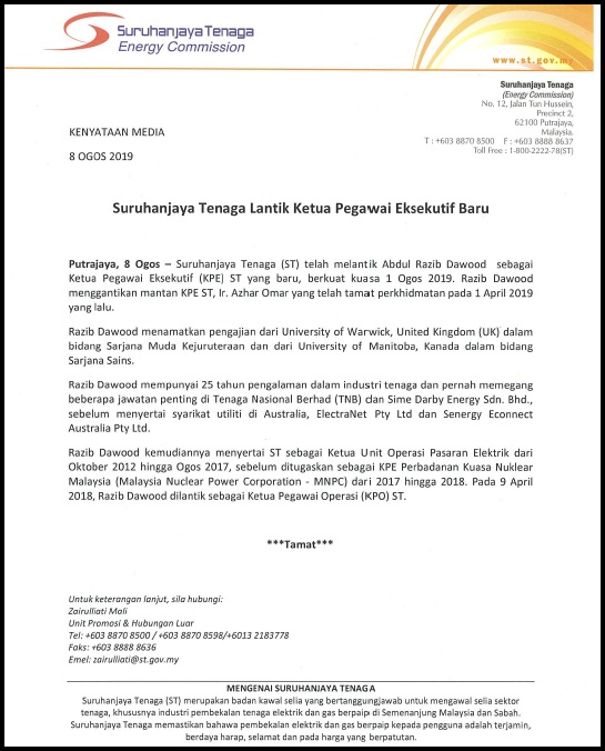 08082019 Suruhanjaya Tenaga Lantik Ketua Pegawai Eksekutif Baru