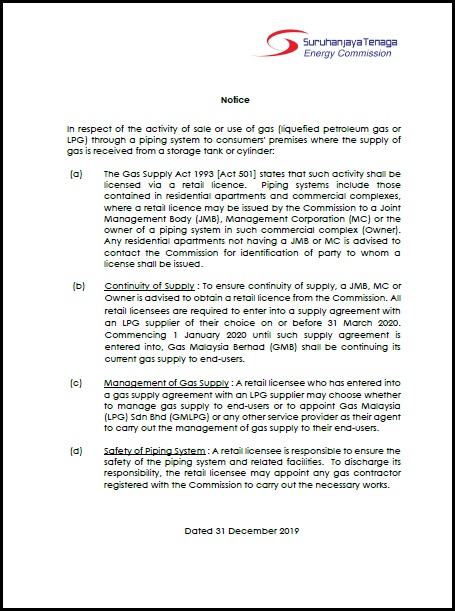 Notice Regarding Retail Licensee for LPG Customers