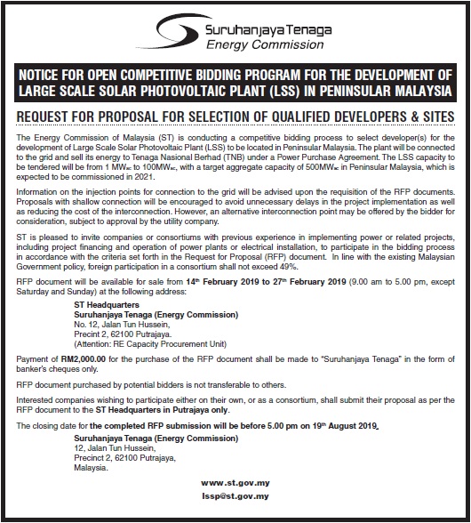 Notice for Open Competitive Bidding Program for the Development of Large Scale Solar (LSS) Photovoltaic Plant in Peninsular Malaysia