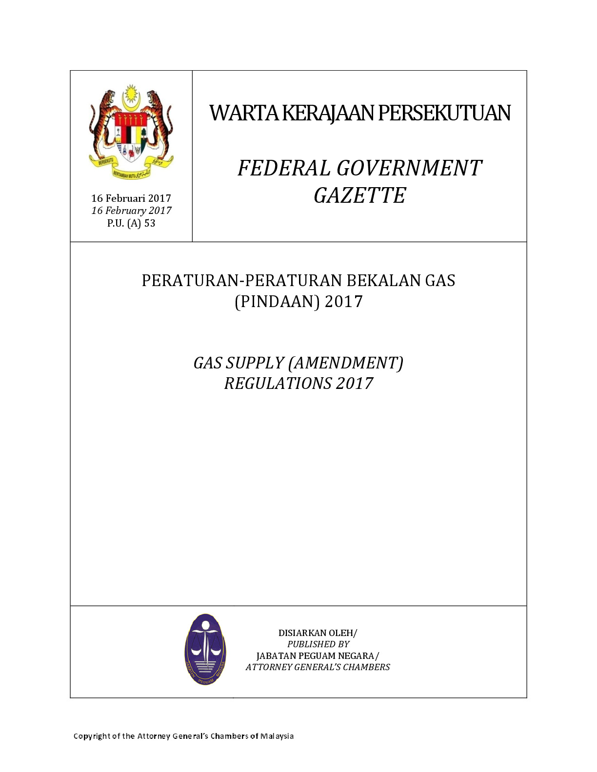 Gas Supply (Amendment) Regulations 2017: P.U.(A)53