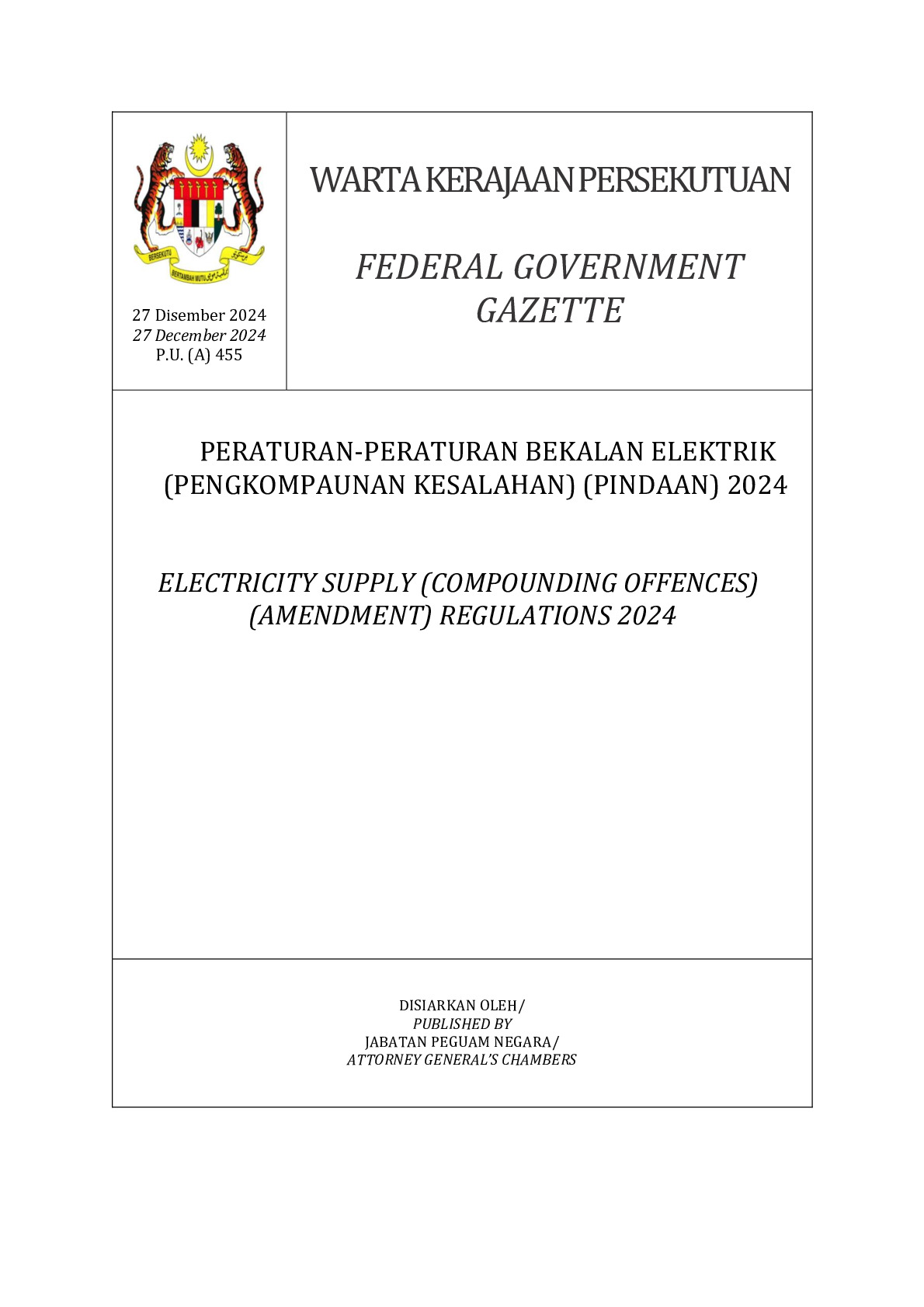 Electricity Supply (Compounding Offences) (Amendment) Regulations 2024 P.U. (A) 455
