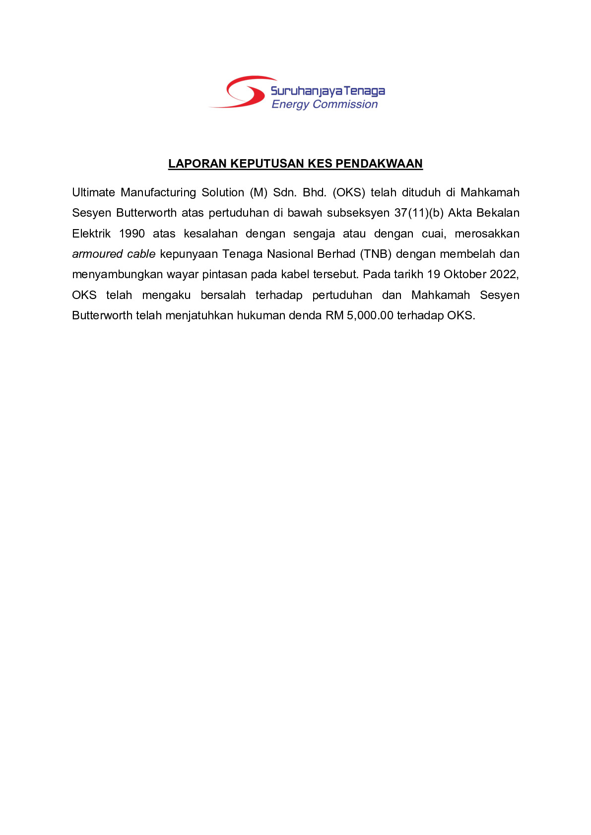 (Sessions Court) Prosecution Report - Ultimate Manufacturing Solution (M) Sdn. Bhd