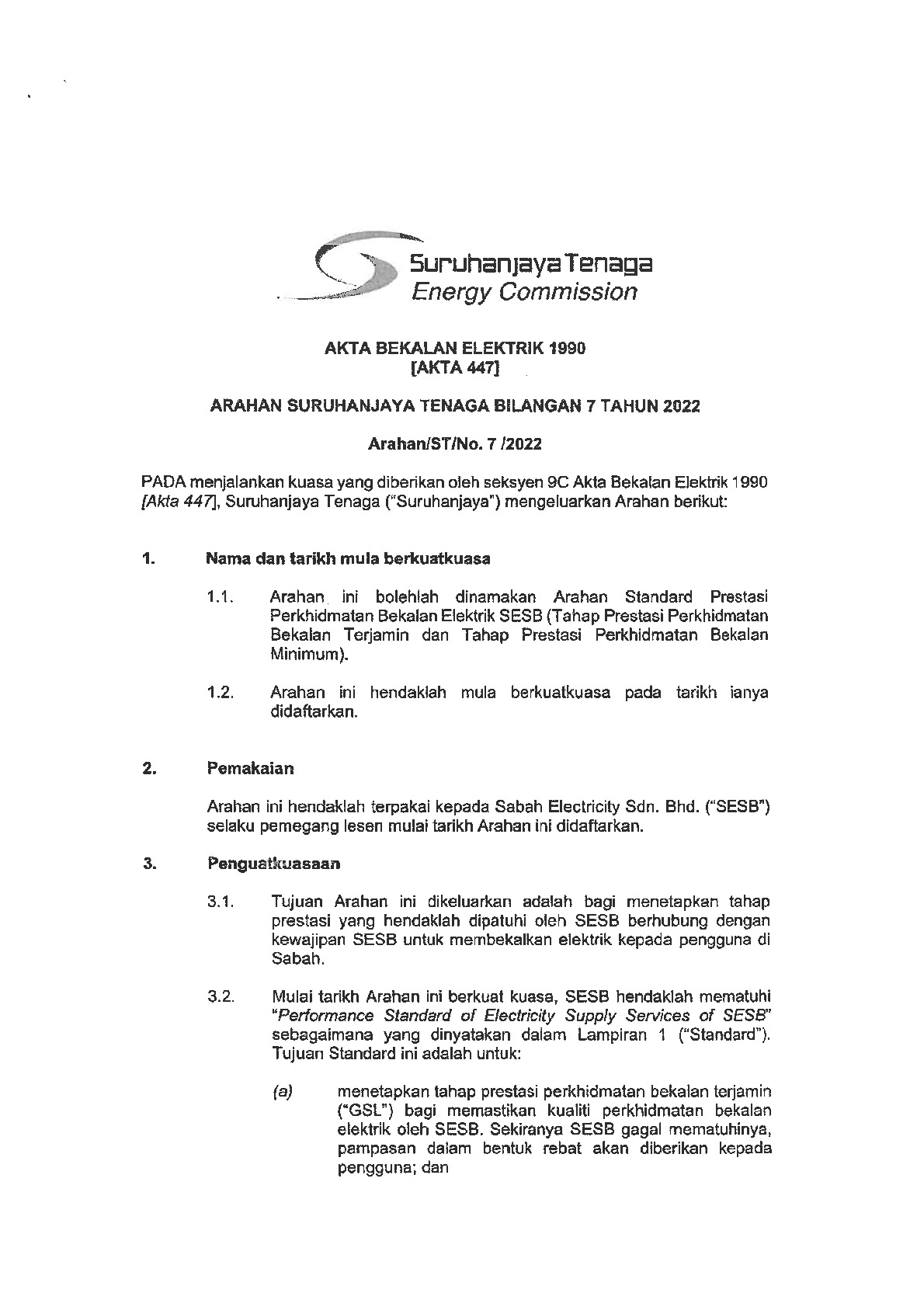 &ldquo;Arahan Standard Prestasi Perkhidmatan Bekalan Elektrik SESB&rdquo;