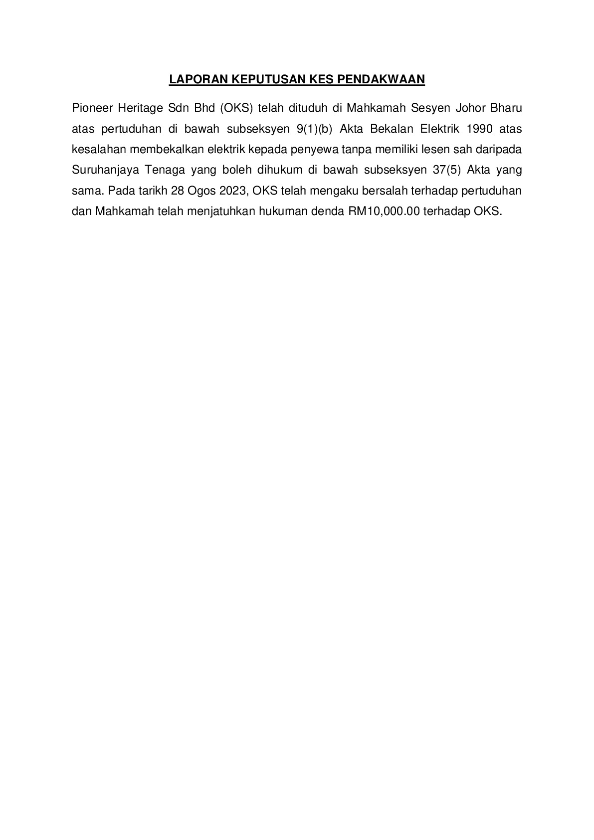(Sessions Court) Prosecution Report - Pioneer Heritage Sdn Bhd