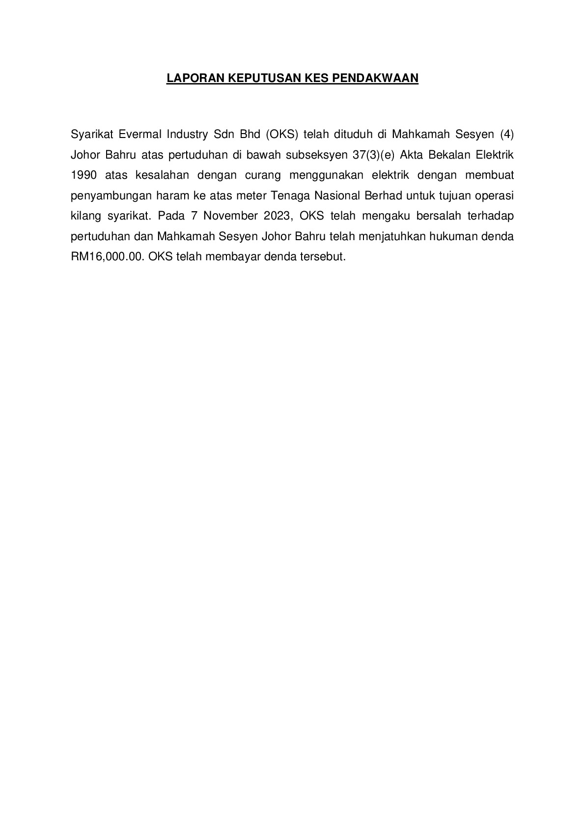 (Sessions Court) Prosecution Report - Evermal Industry Sdn Bhd