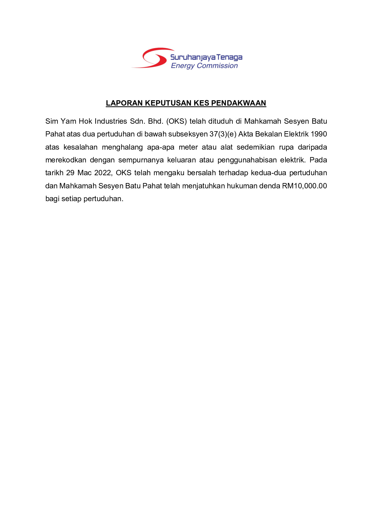 (Sessions Court) Prosecution Report - Sim Yam Hock