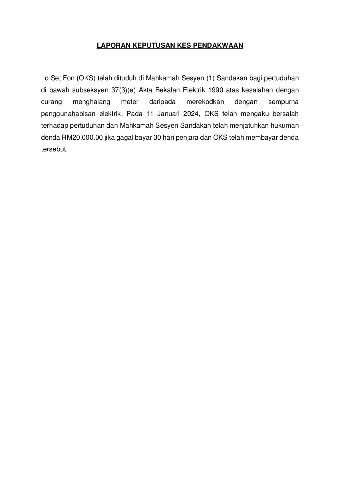 (Sessions Court) Prosecution Report - Lo Set Fon