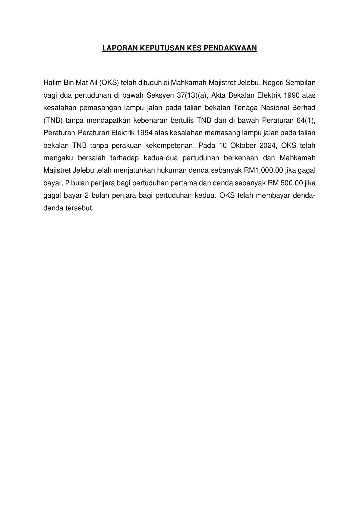 (Magistrate Court) Prosecution Report - Halim Bin Mat Ail