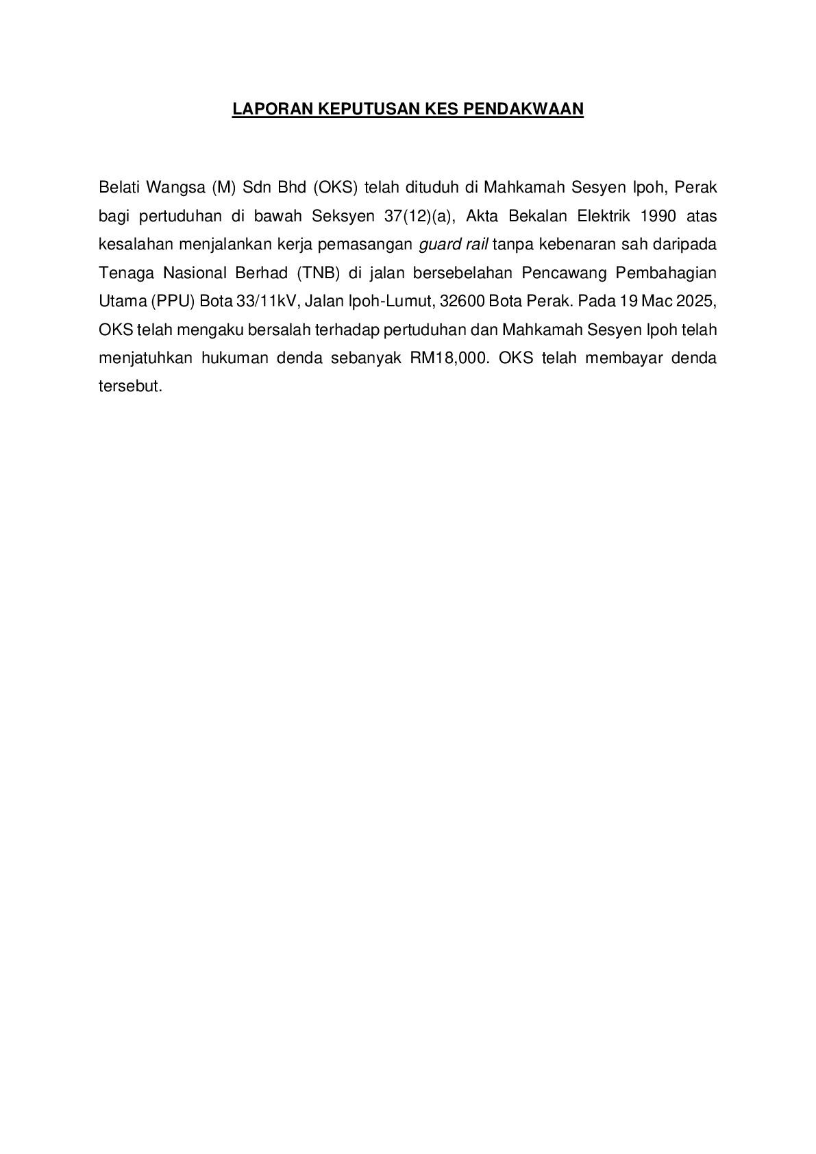 (Sessions Court) Prosecution Report - Belati Wangsa (M) Sdn Bhd