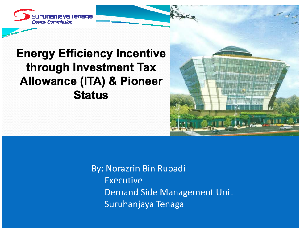 Energy Efficiency Incentive through Investment Tax Allowance (ITA) & Pioneer Status