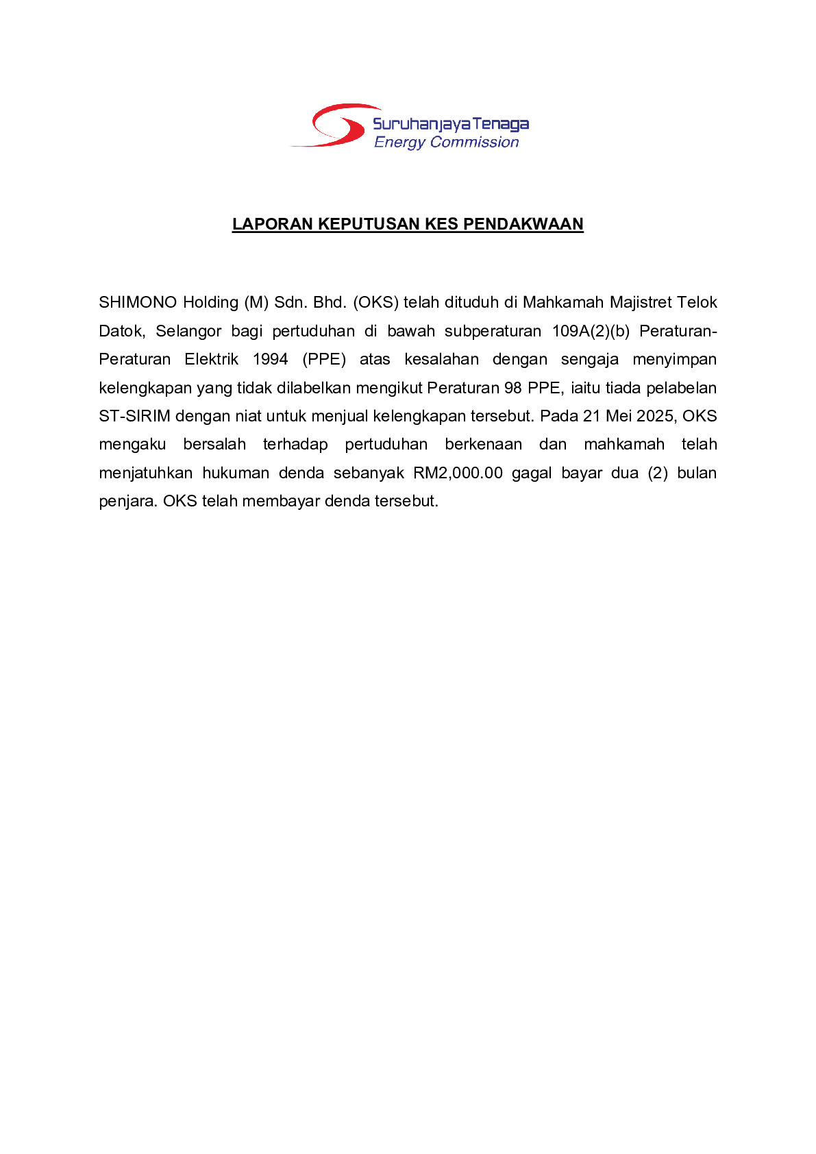 (Magistrate Court) Prosecution Report - SHIMONO Holding (M) Sdn. Bhd.