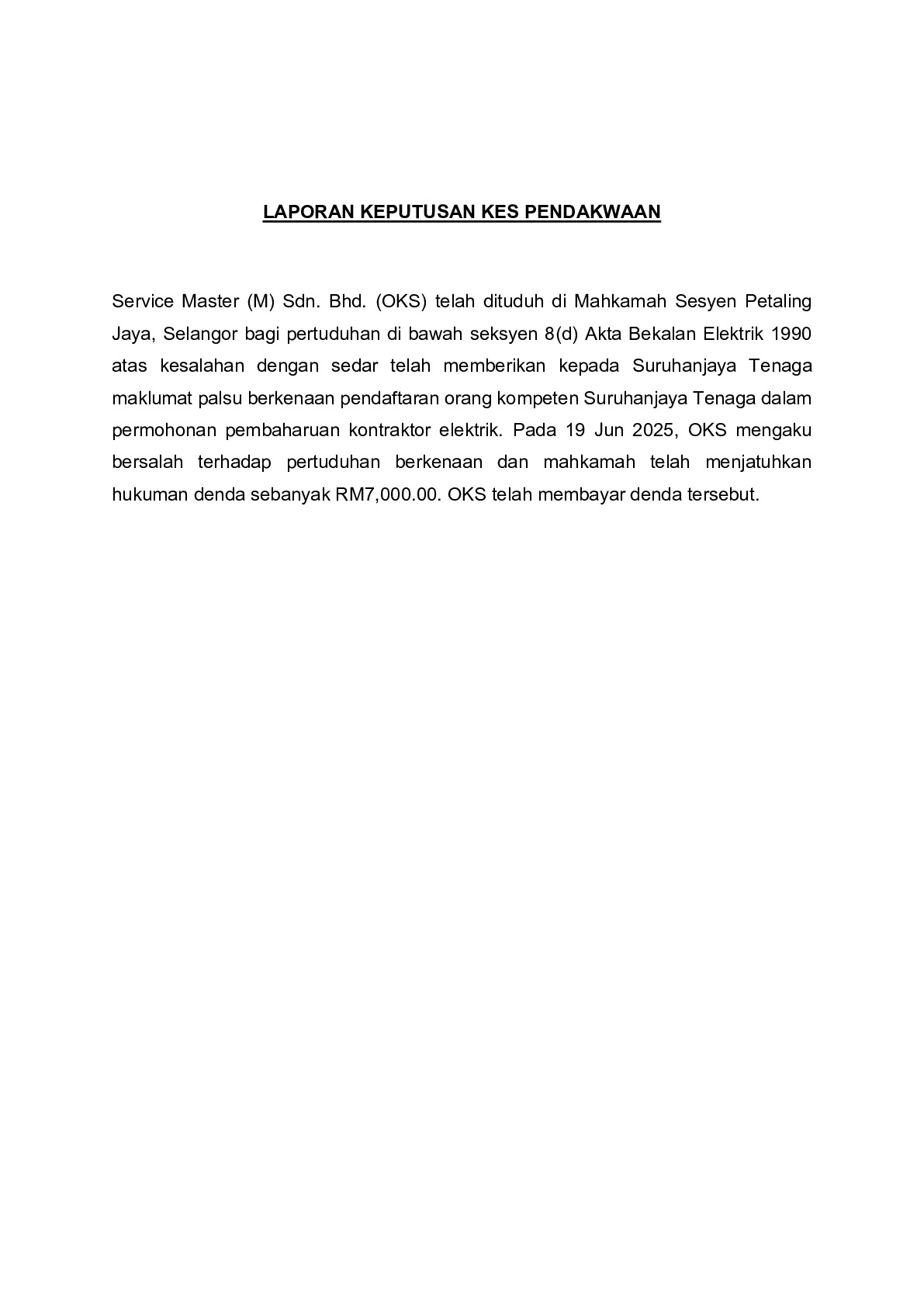 (Sessions Court) Prosecution Report - Service Master (M) Sdn. Bhd.
