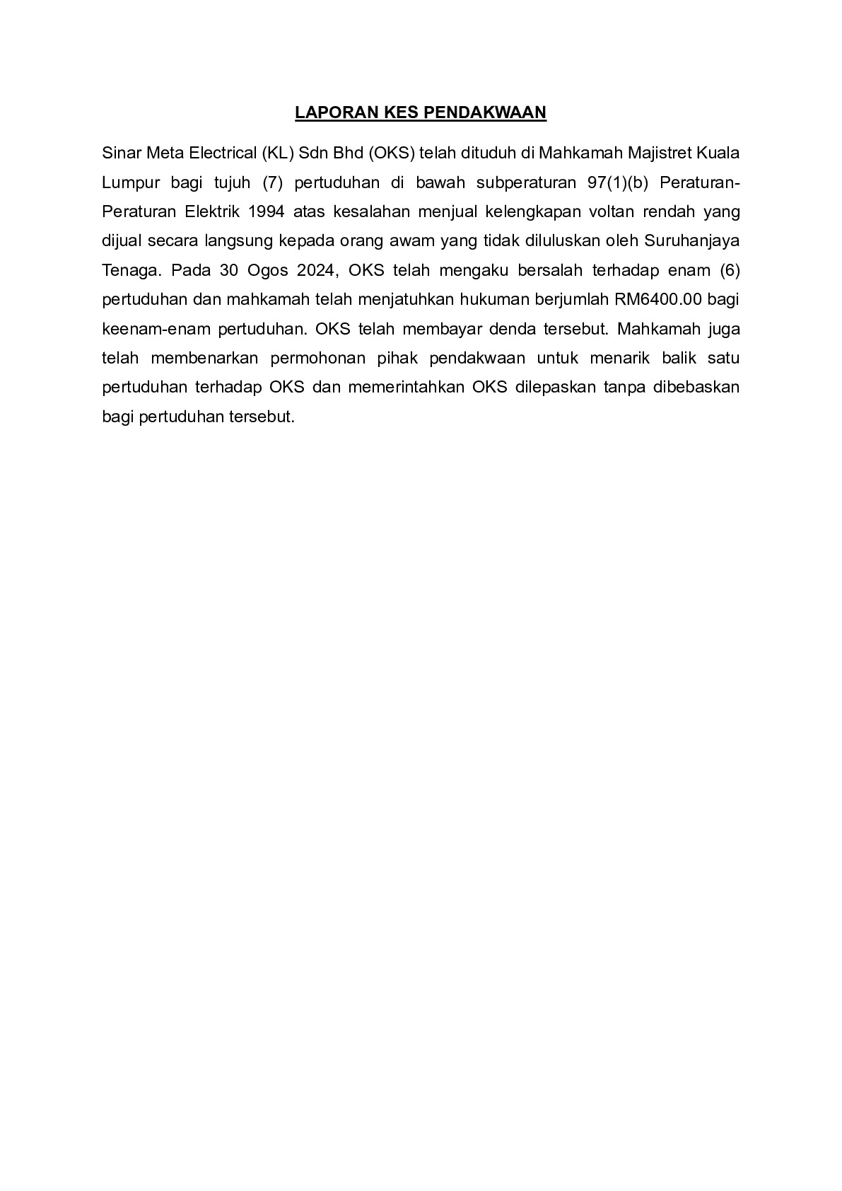 (Magistrate Court) Prosecution Report - Sinar Meta Electrical (KL) Sdn Bhd