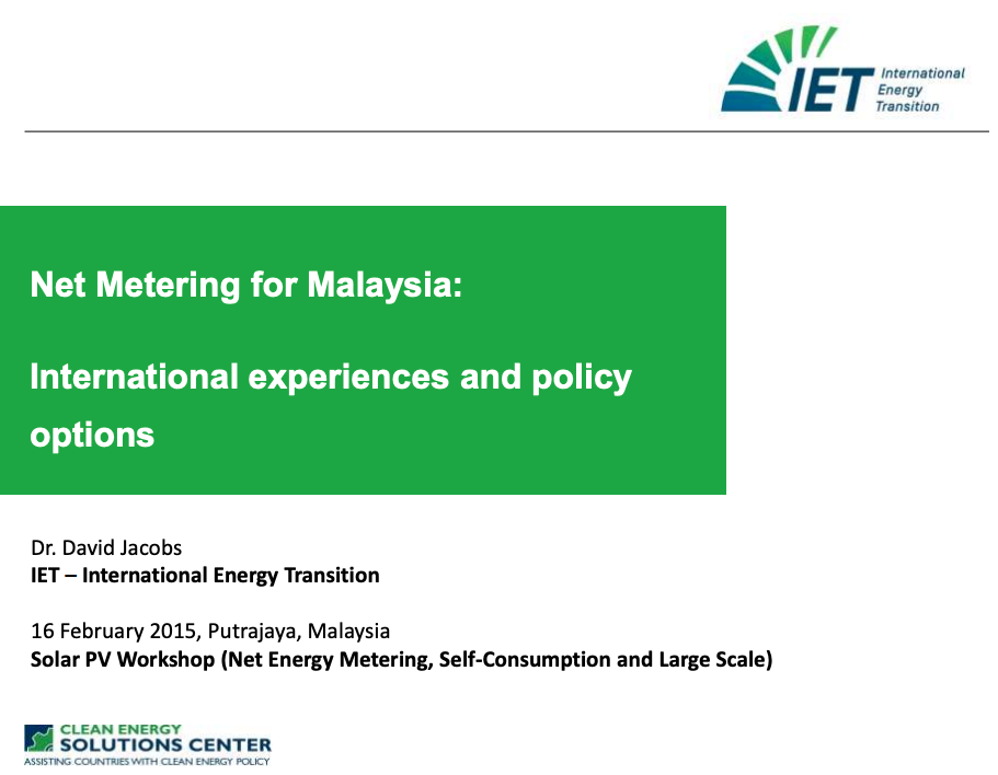 Net Metering for Malaysia: International experiences and policy options