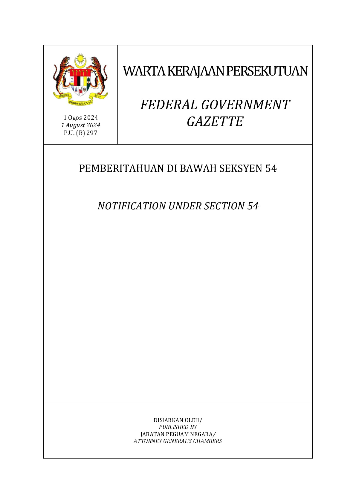 Electricity Supply Act 1990: Notification Under Section 54: P.U.(B) 297/2024