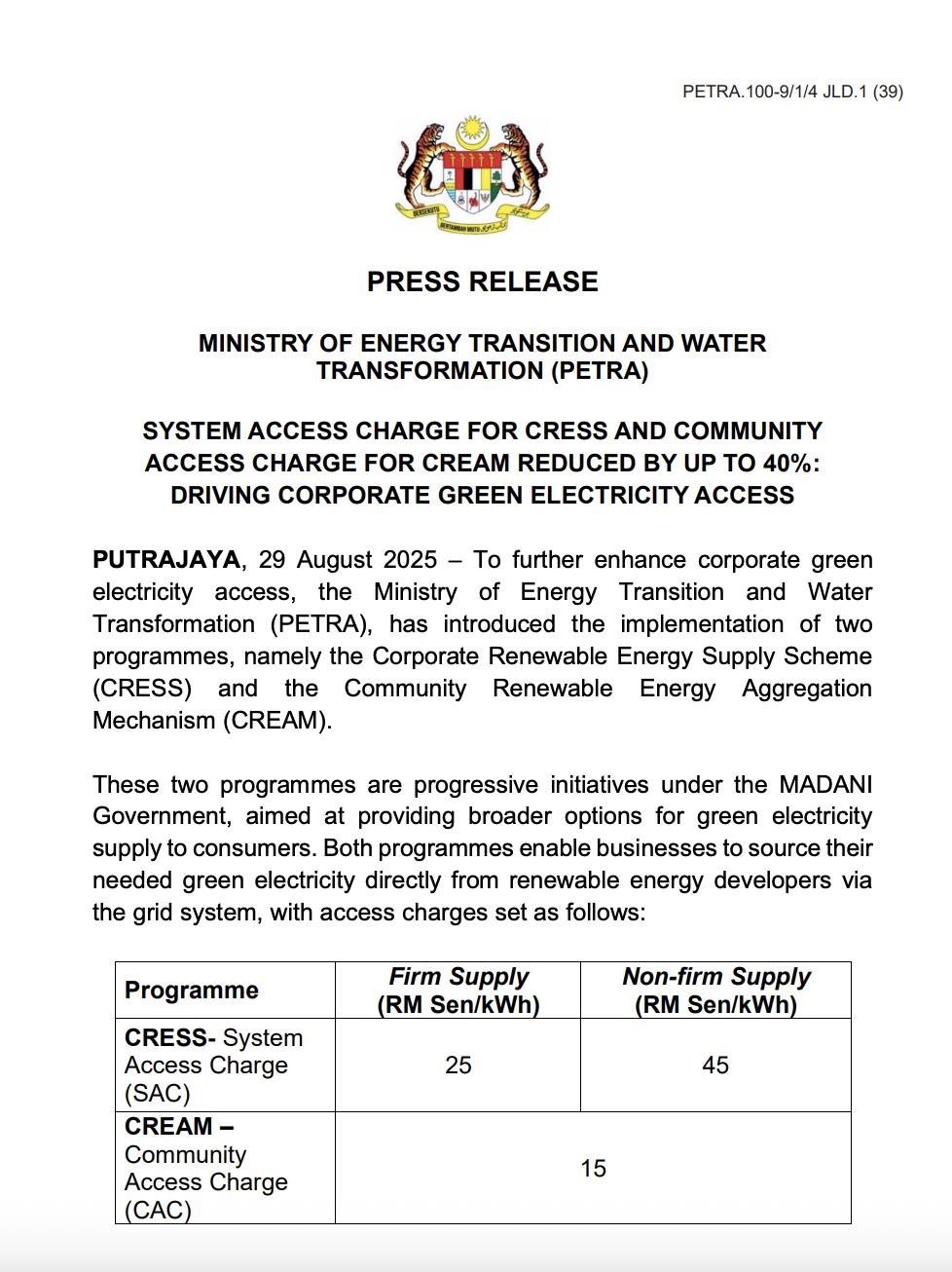 SYSTEM ACCESS CHARGE FOR CRESS AND COMMUNITY ACCESS CHARGE FOR CREAM ...