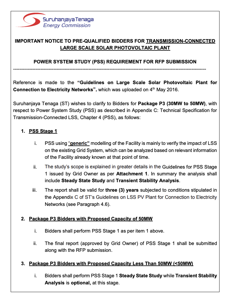 Notice on PSS Requirement for RFP Submission-Transmission Connected