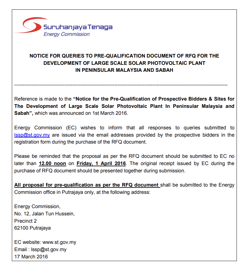 Notice for Queries to Pre-Qualification Document of RFQ for the Development of Large Scale Solar Photovoltaic Plant in Peninsular Malaysia and Sabah