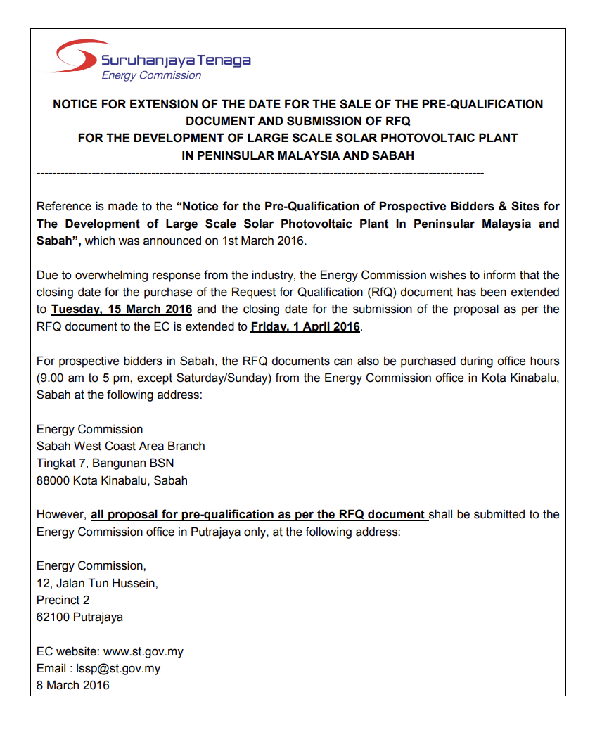 Notice for Extension of the Date for the Sale of the Pre-Qualification Document and Submission of RFQ for the Development of Large Scale Solar Photovoltaic Plant in Peninsular Malaysia and Sabah