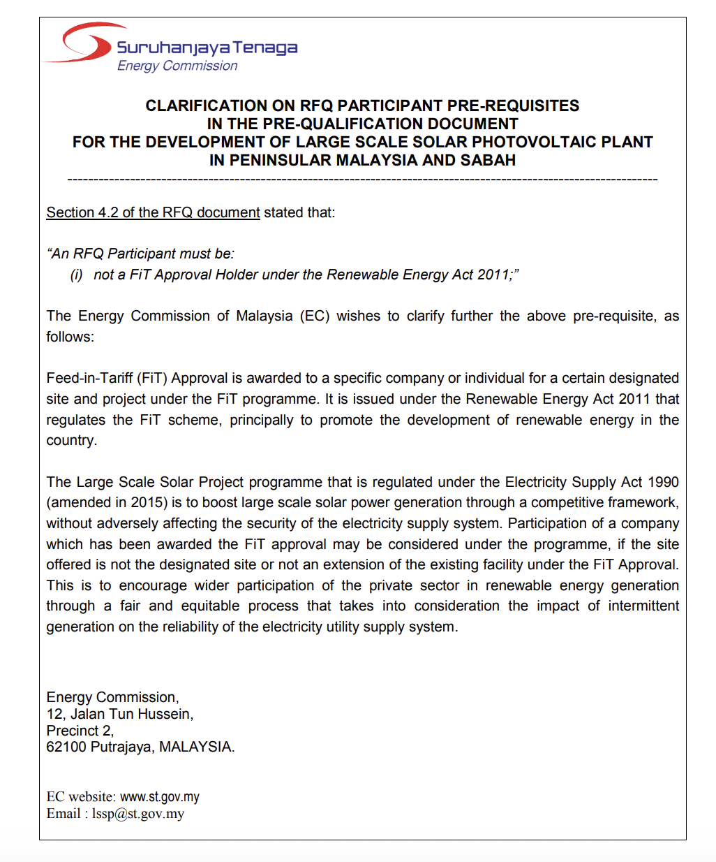 Clarification on RFQ Participant Pre-Requisites in the Pre-Qualification Document for the Development of Large Scale Solar Photovoltaic Plant in Peninsular Malaysia and Sabah