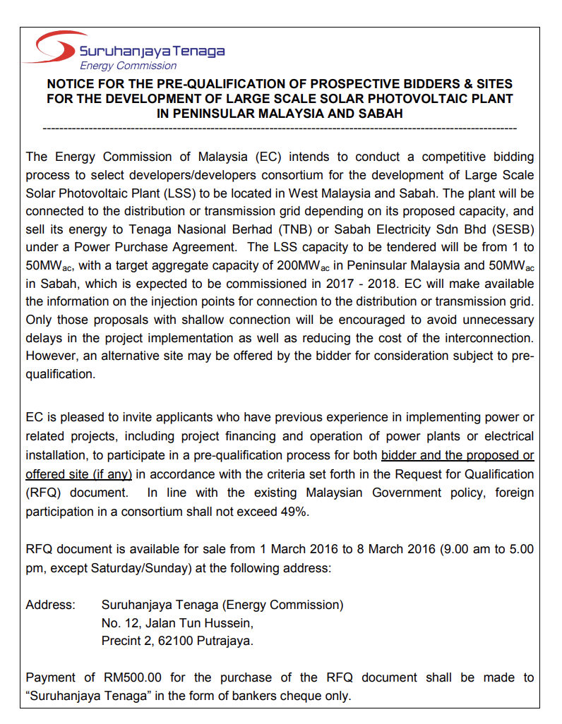 Notice for the Pre-Qualification of Prospective Bidders & Sites for the Development of Large Scale Solar Photovoltaic Plant in Peninsular Malaysia and Sabah