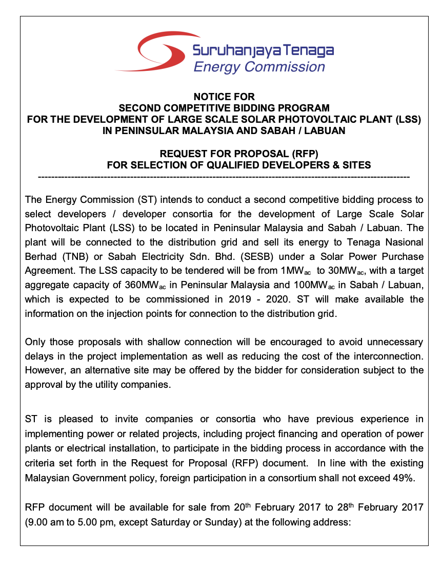 Notice for Second Competitive Bidding Program for The Development of Large Scale Solar Photovoltaic Plant (LSS) In Peninsular Malaysia and Sabah/Labuan: Request for Proposal for Selection of Qualified Developers & Sites