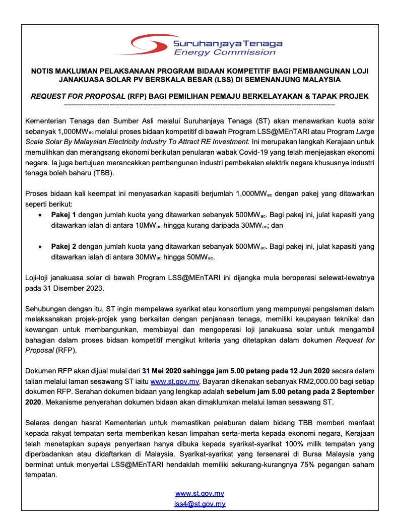 Notis Makluman Pelaksanaan Program Bidaan Kompetitif bagi Pembangunan Loji Janakuasa Solar PV Berskala Besar (LSS) di Semenanjung Malaysia
