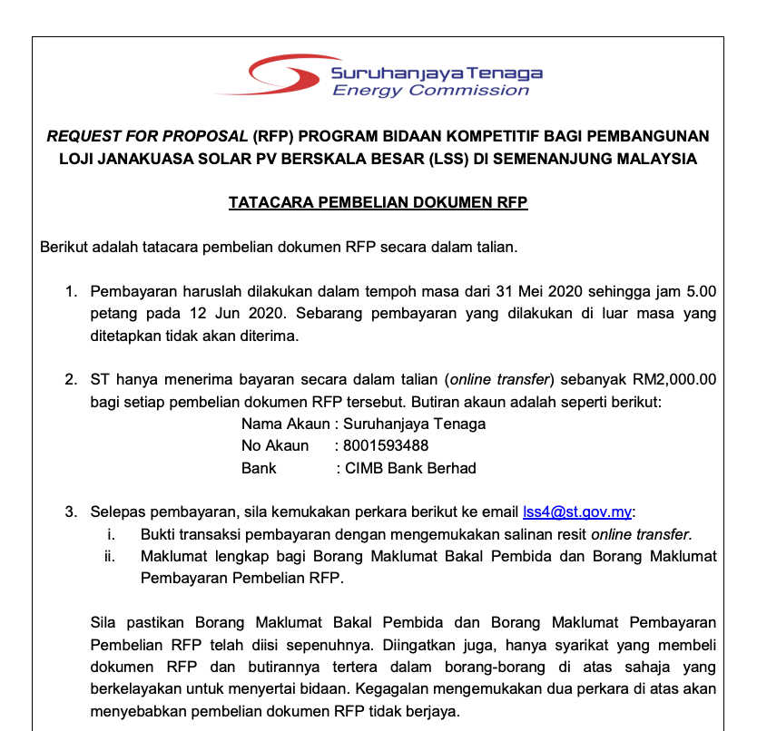 Tatacara Pembelian RFP, Borang Maklumat Pembayaran RFP dan Borang Maklumat Bakal Pembida