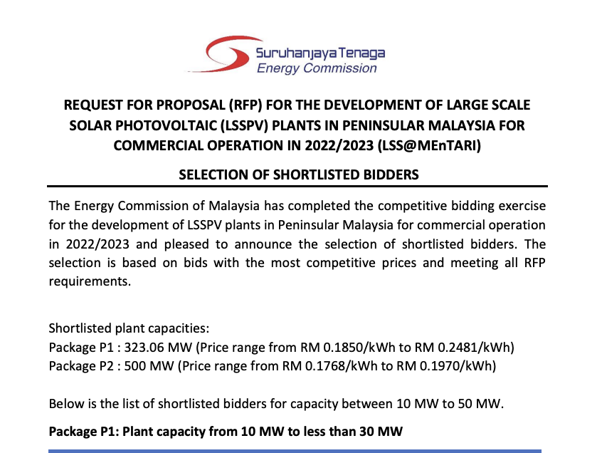 Announcement of the Selected Shortlisted Bidders for LSS@MEnTARI