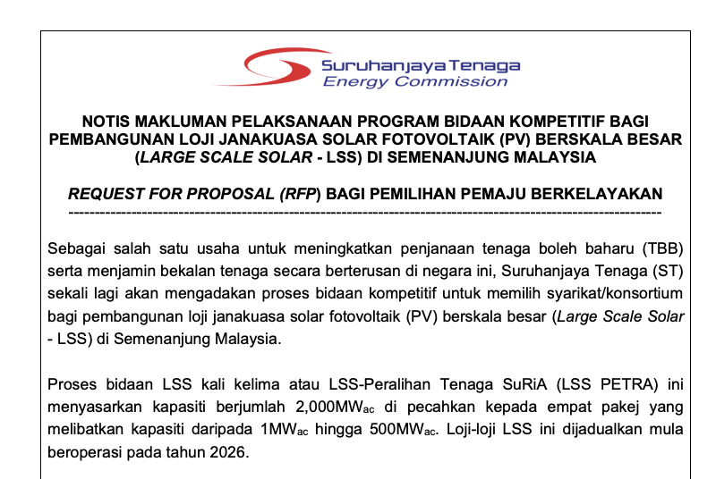 Notis Makluman Pelaksanaan Program Bidaan Kompetitif Bagi Pembangunan Loji Janakuasa Solar Fotovoltaik (PV) Berskala Besar (Large Scale Solar - LSS) Di Semenanjung Malaysia