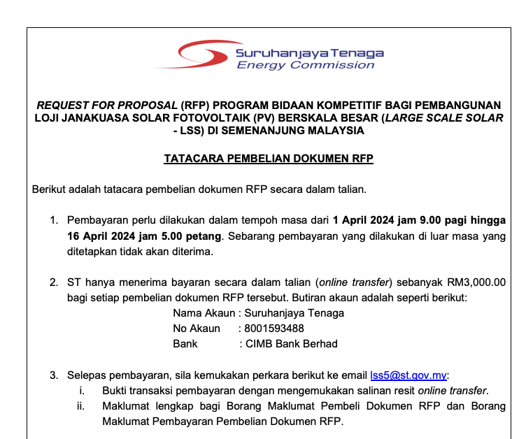 Tatacara Pembelian Dokumen - Request For Proposal (RFP) Program Bidaan Kompetitif Bagi Pembangunan Loji Janakuasa Solar Fotovoltaik (PV) Berskala Besar (Large Scale Solar - LSS) Di Semenanjung Malaysia