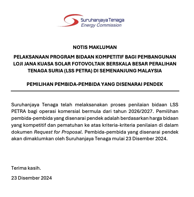 Notis Makluman - Pemilihan Pembida-Pembida Yang Disenarai Pendek
