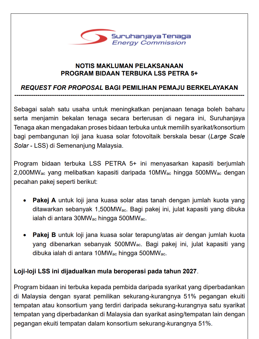 Notis Makluman Pelaksanaan Program Bidaan Terbuka LSS PETRA 5+