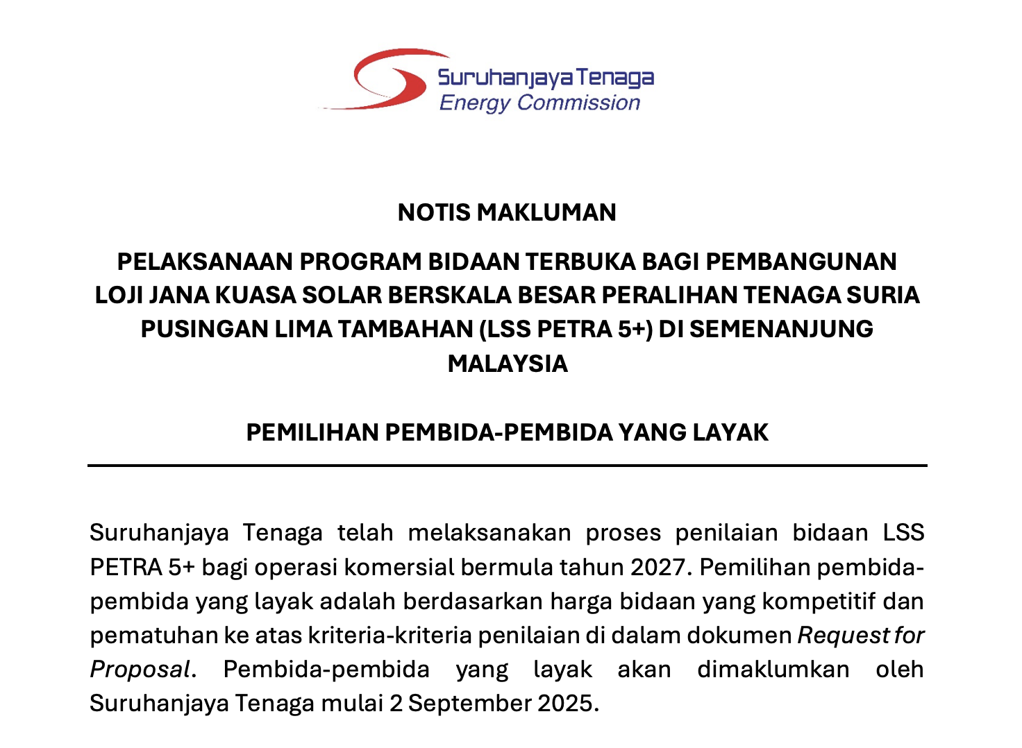 Notis Makluman Pembida Disenarai Pendek LSS PETRA 5+