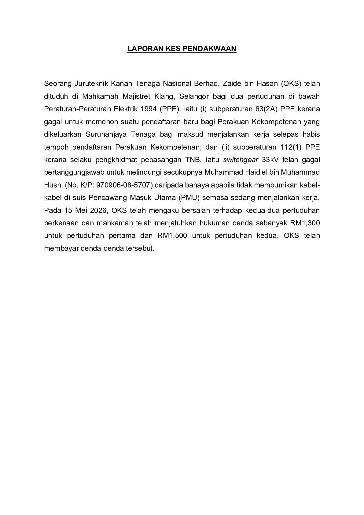 (Sessions Court) Prosecution Report - Zaide bin Hasan