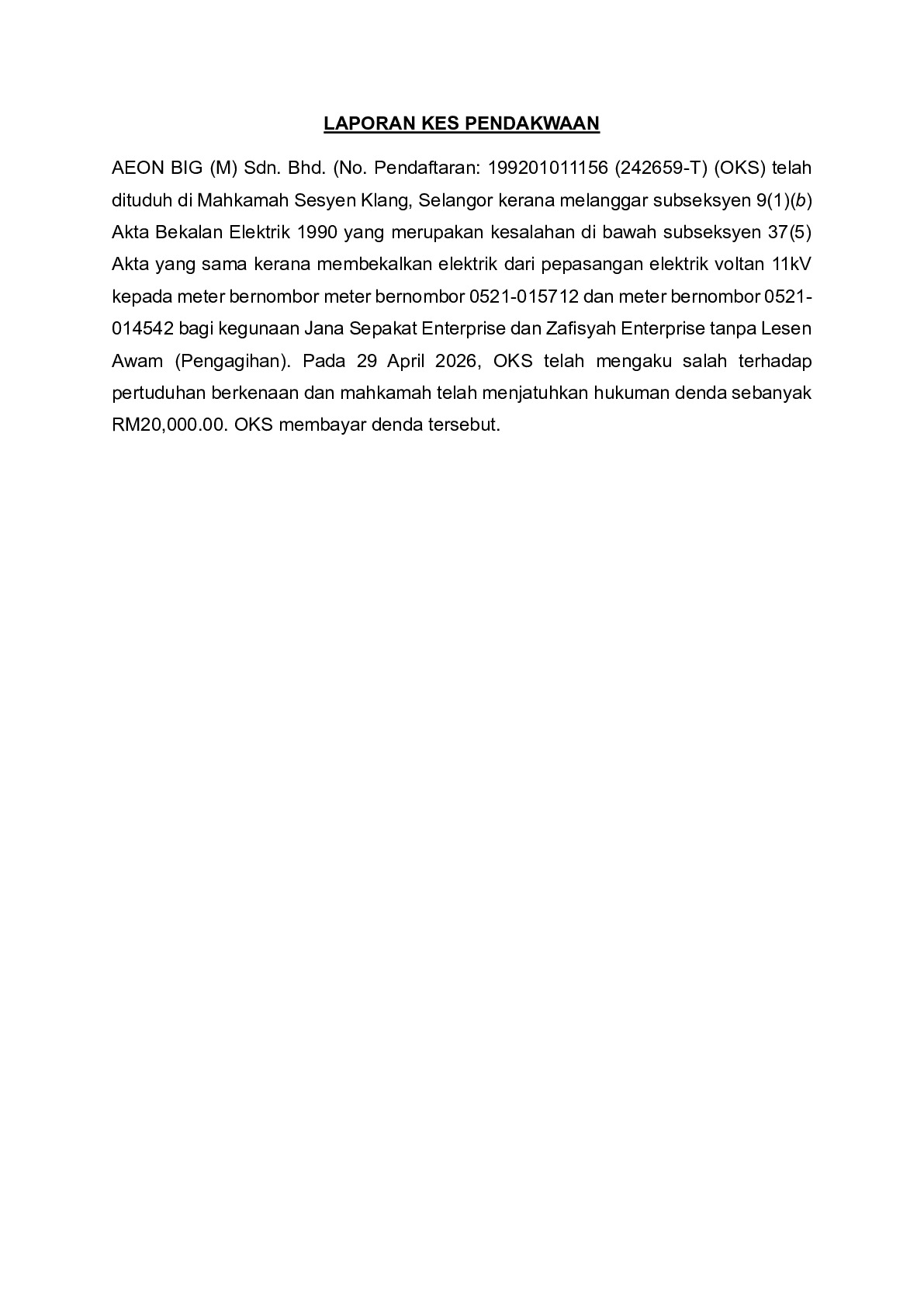 (Sessions Court) Prosecution Report - AEON BiG (M) Sdn. Bhd.
