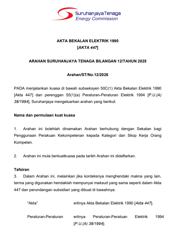 Arahan berhubung dengan Sekatan bagi Penggunaan Perakuan Kekompetenan kepada Kategori dan Skop Kerja Orang Kompeten