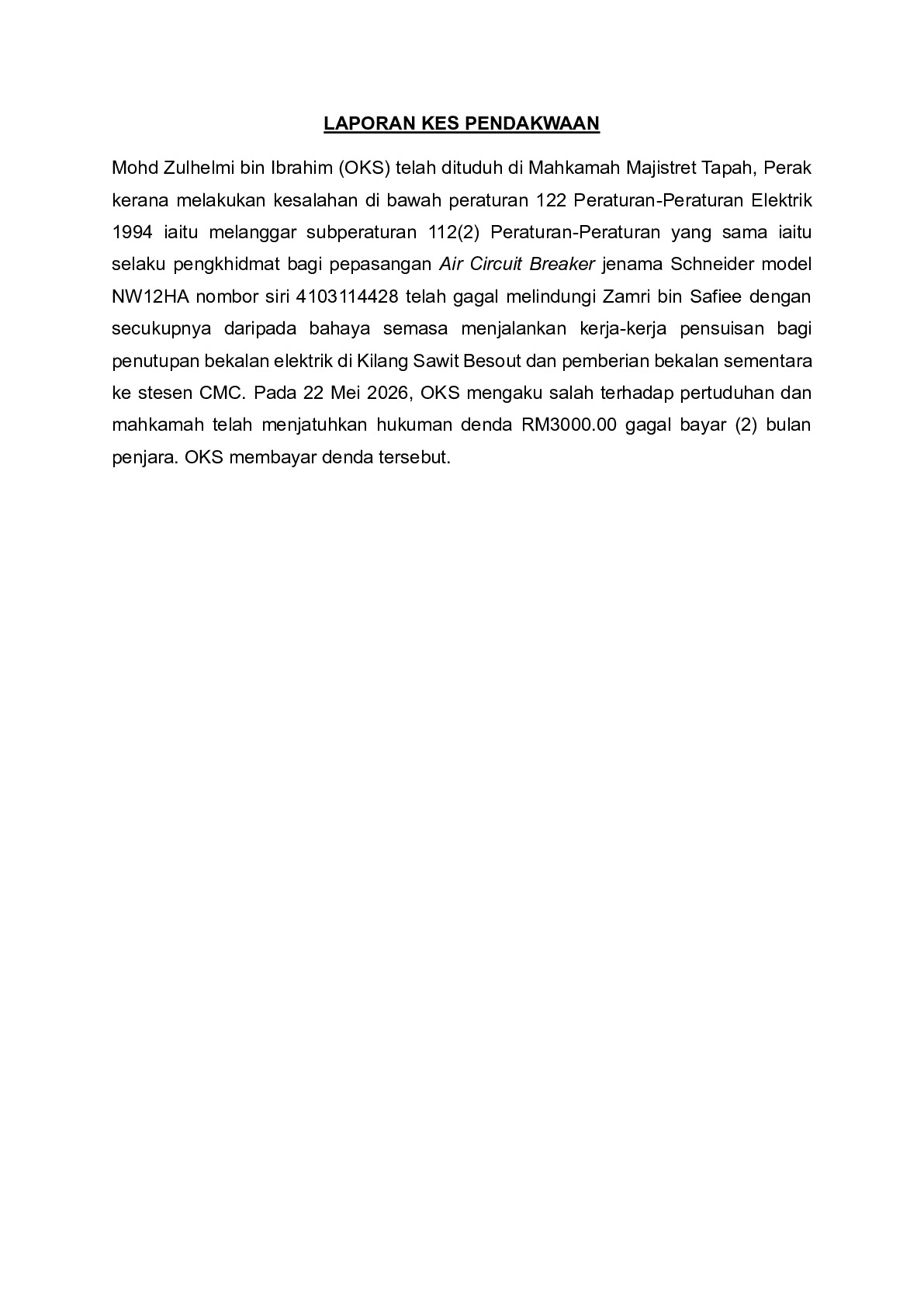 (Sessions Court) Prosecution Report - Zulhemi Bin Ibrahim