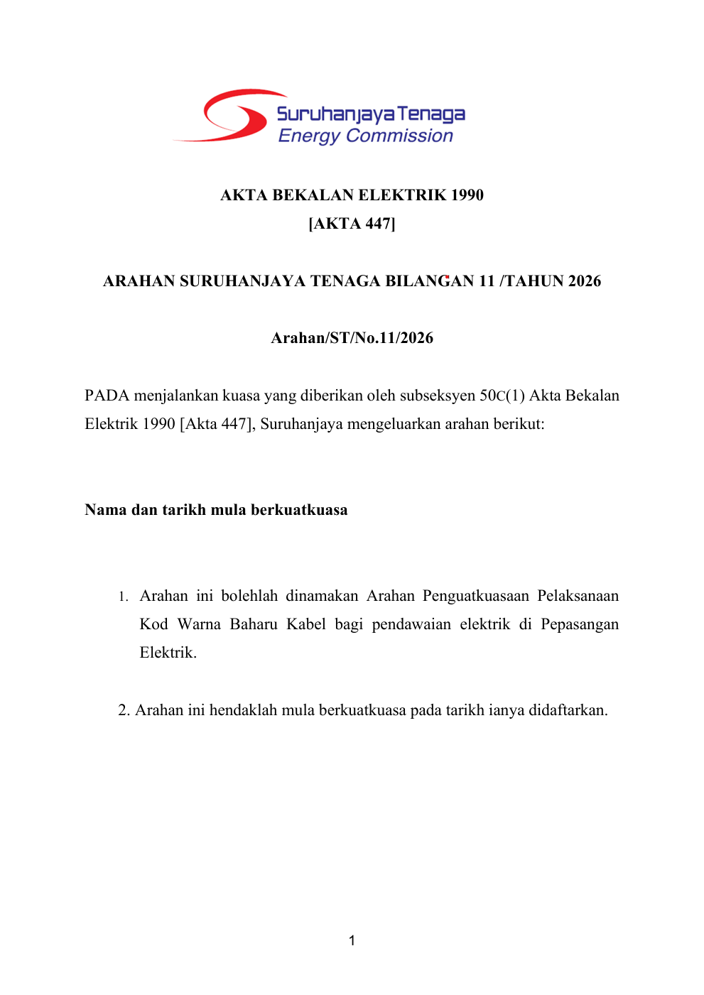 Arahan Penguatkuasaan Pelaksanaan Kod Warna Baharu Kabel bagi Pendawaian Elektrik di Pepasangan Elektrik
