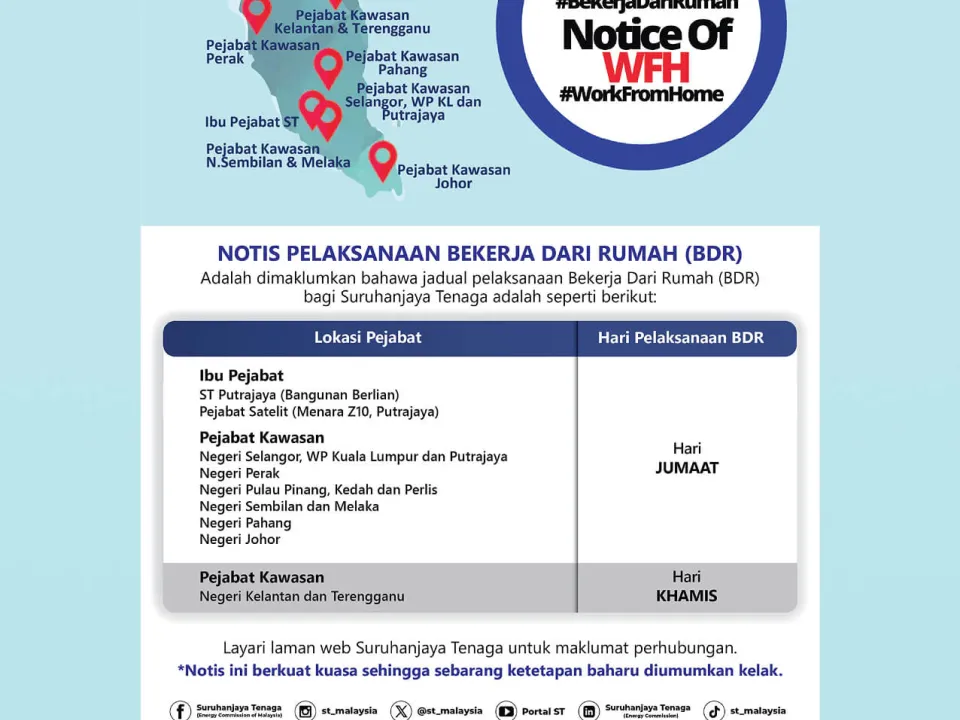 Suruhanjaya Tenaga (ST) Akan Melaksanakan Pengaturan Bekerja Dari Rumah (BDR) Selaras Dengan Pengumuman Kerajaan.