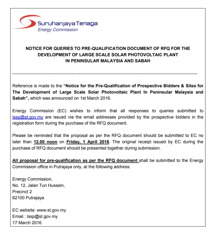 Notice for Queries to Pre-Qualification Document of RFQ for the Development of Large Scale Solar Photovoltaic Plant in Peninsular Malaysia and Sabah