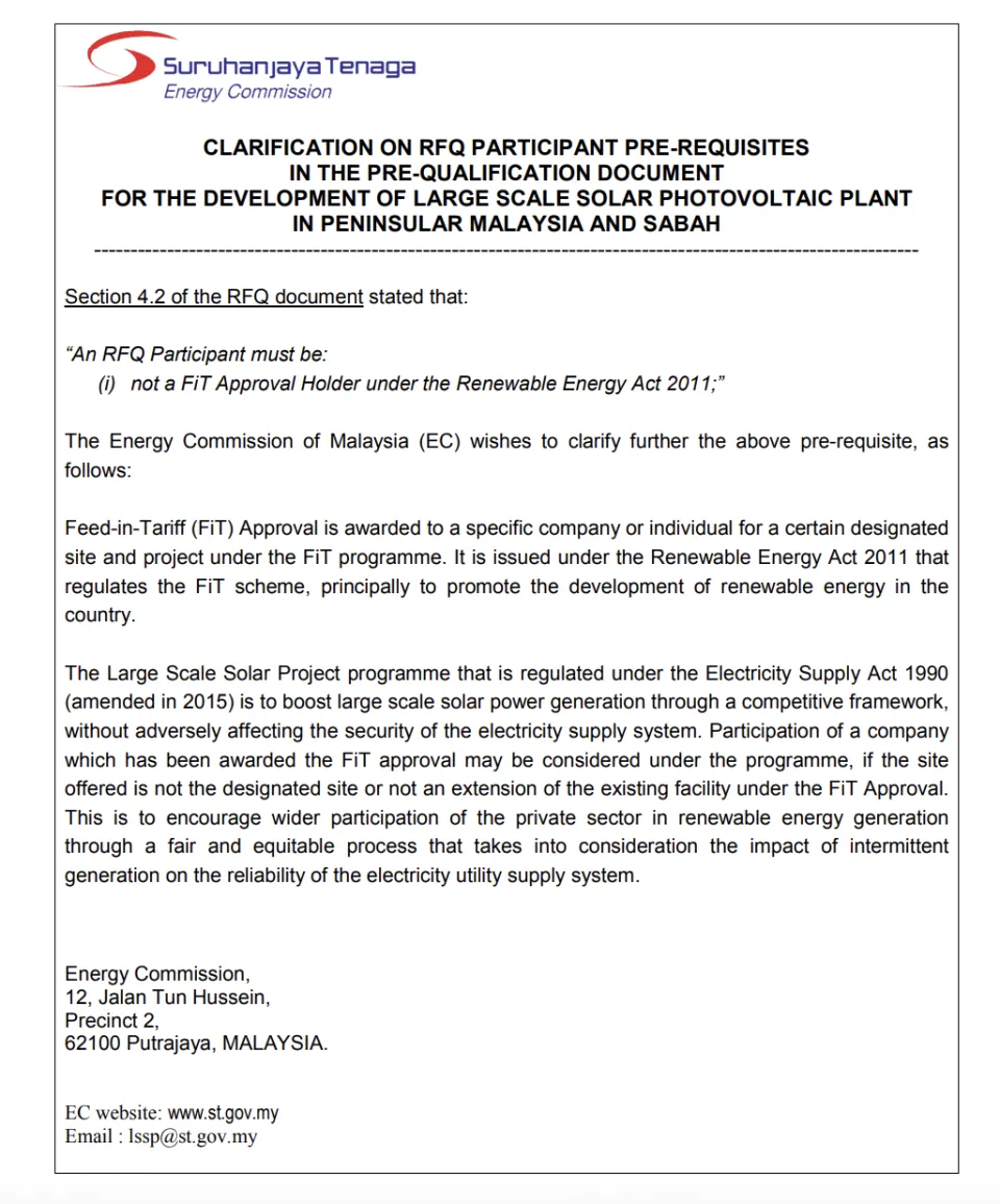 Clarification on RFQ Participant Pre-Requisites in the Pre-Qualification Document for the Development of Large Scale Solar Photovoltaic Plant in Peninsular Malaysia and Sabah