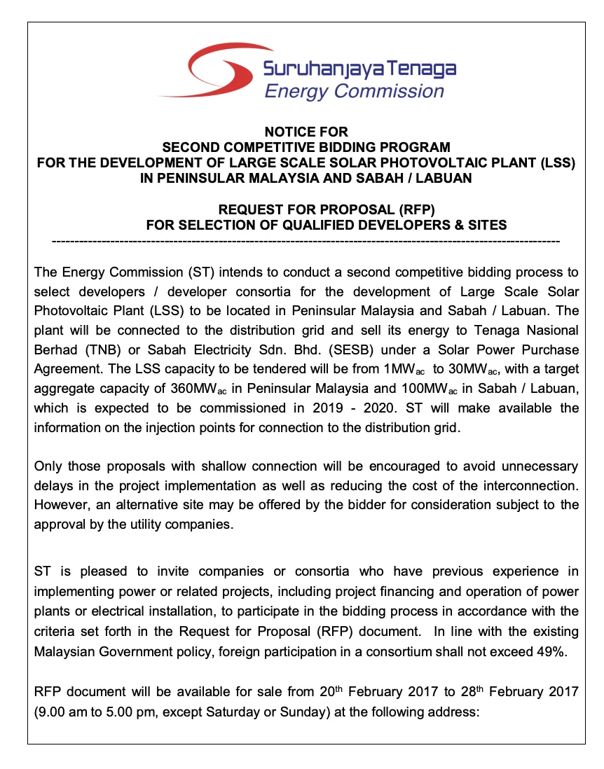 Notice for Second Competitive Bidding Program for The Development of Large Scale Solar Photovoltaic Plant (LSS) In Peninsular Malaysia and Sabah/Labuan: Request for Proposal for Selection of Qualified Developers & Sites