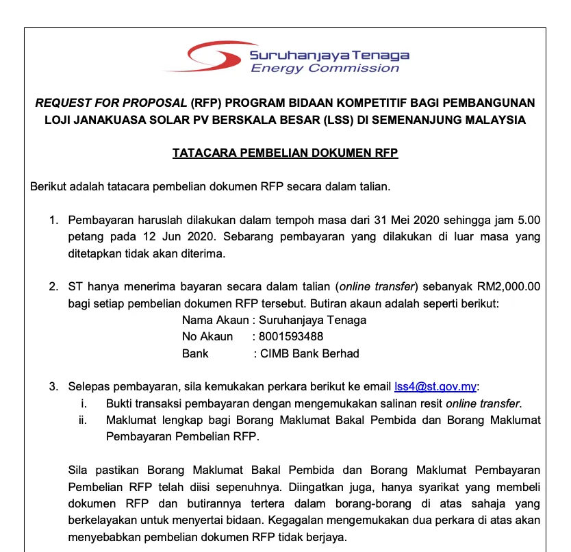 Tatacara Pembelian RFP, Borang Maklumat Pembayaran RFP dan Borang Maklumat Bakal Pembida