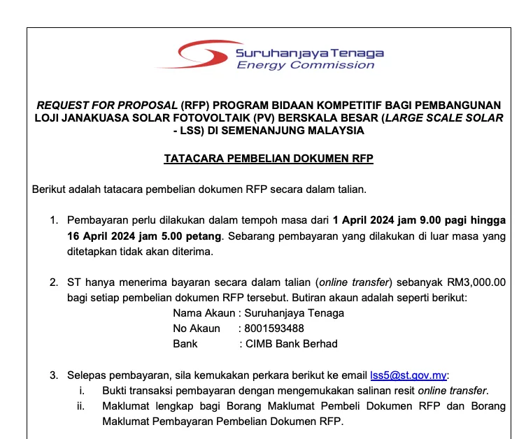 Tatacara Pembelian Dokumen - Request For Proposal (RFP) Program Bidaan Kompetitif Bagi Pembangunan Loji Janakuasa Solar Fotovoltaik (PV) Berskala Besar (Large Scale Solar - LSS) Di Semenanjung Malaysia